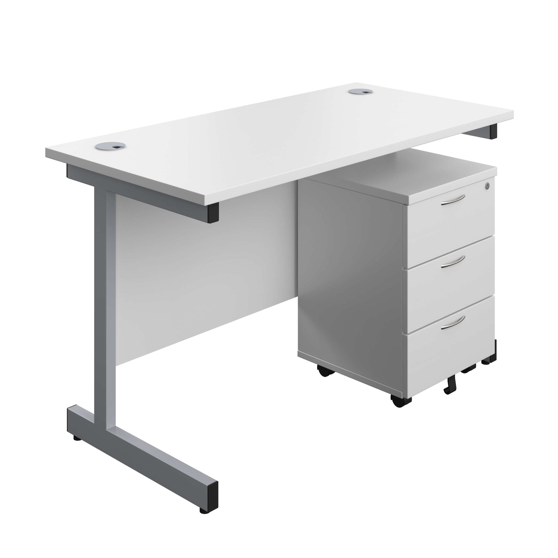 Single Upright Rectangular Desk + Mobile 3 Drawer Pedestal (FSC) | 1200 X 600 | White/Silver