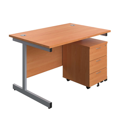 Single Upright Rectangular Desk + Mobile 3 Drawer Pedestal (FSC) | 1200 X 800 | Beech/Silver