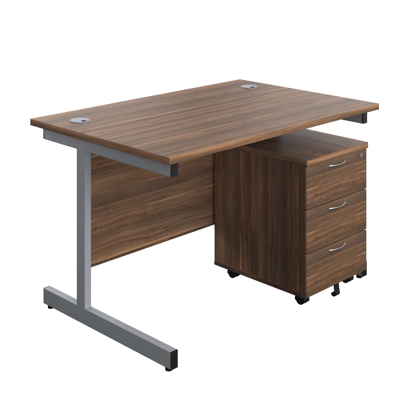 Single Upright Rectangular Desk + Mobile 3 Drawer Pedestal (FSC) | 1200 X 800 | Dark Walnut/Silver