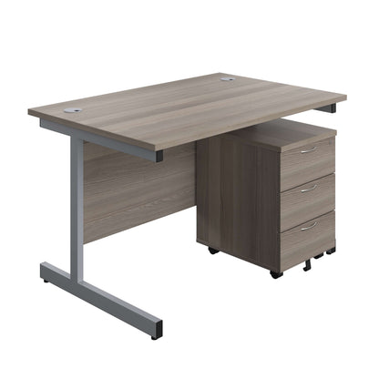 Single Upright Rectangular Desk + Mobile 3 Drawer Pedestal (FSC) | 1200 X 800 | Grey Oak/Silver