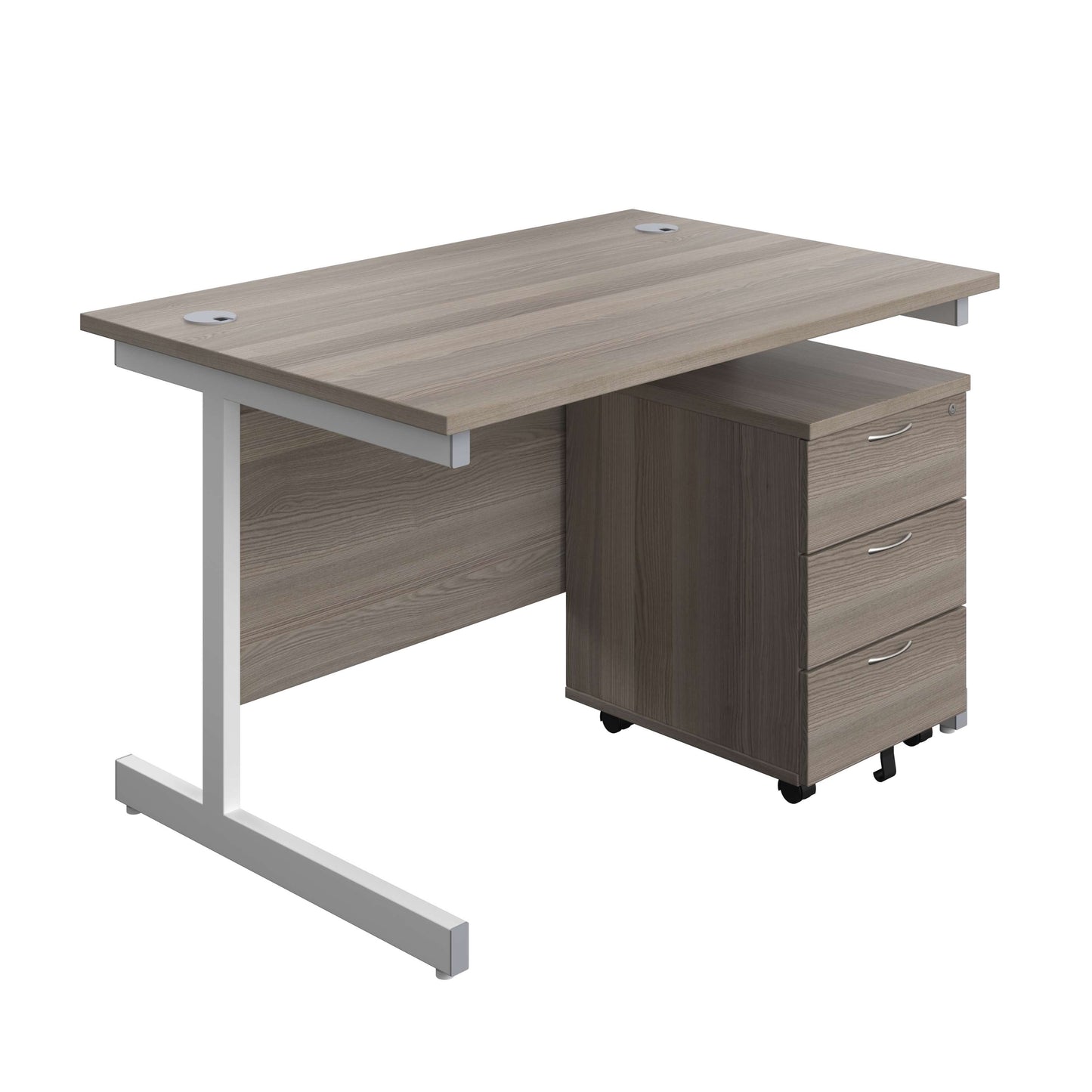 Single Upright Rectangular Desk + Mobile 3 Drawer Pedestal (FSC) | 1200 X 800 | Grey Oak/White