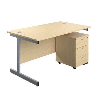 Single Upright Rectangular Desk + Mobile 3 Drawer Pedestal (FSC) | 1200 X 800 | Maple/Silver