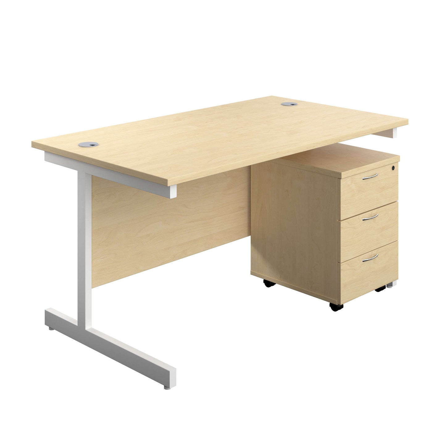 Single Upright Rectangular Desk + Mobile 3 Drawer Pedestal (FSC) | 1200 X 800 | Maple/White