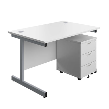 Single Upright Rectangular Desk + Mobile 3 Drawer Pedestal (FSC) | 1200 X 800 | White/Silver