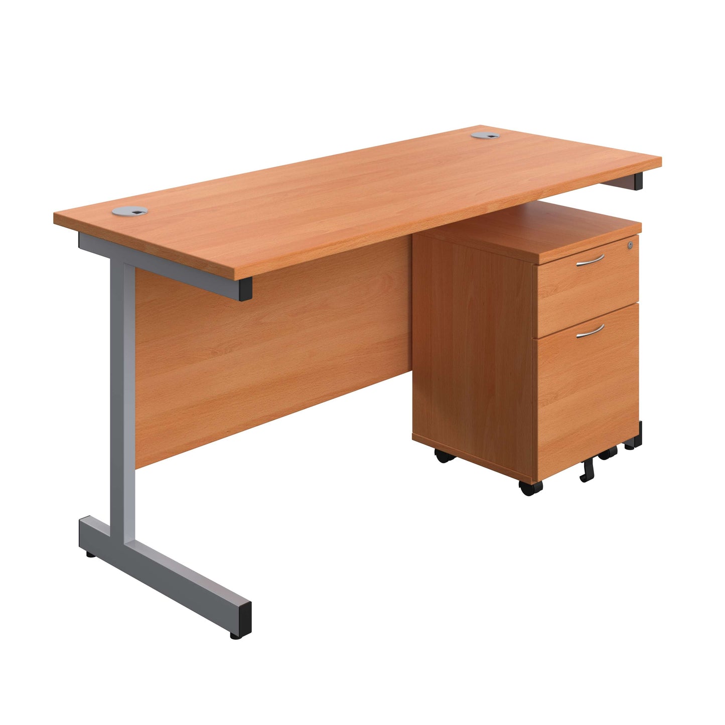 Single Upright Rectangular Desk + Mobile 2 Drawer Pedestal (FSC) | 1400 X 600 | Beech/Silver