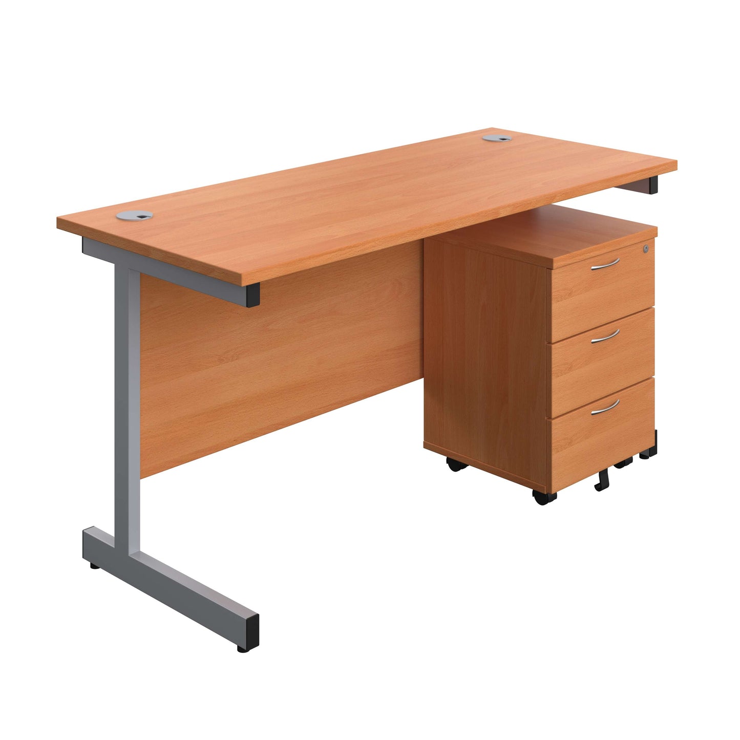 Single Upright Rectangular Desk + Mobile 3 Drawer Pedestal (FSC) | 1400 X 600 | Beech/Silver