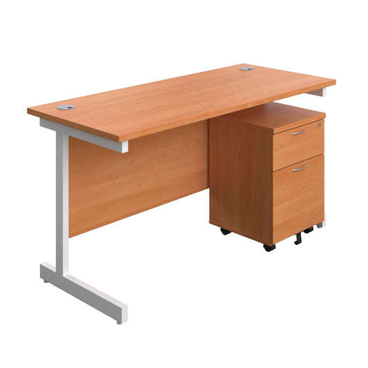 Single Upright Rectangular Desk + Mobile 2 Drawer Pedestal (FSC) | 1400 X 600 | Beech/White