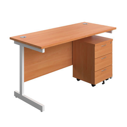 Single Upright Rectangular Desk + Mobile 3 Drawer Pedestal (FSC) | 1400 X 600 | Beech/White