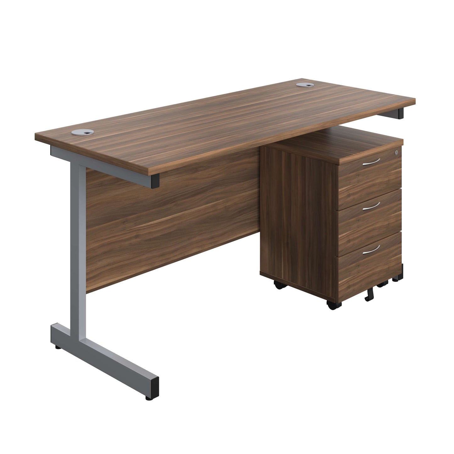 Single Upright Rectangular Desk + Mobile 3 Drawer Pedestal (FSC) | 1400 X 600 | Dark Walnut/Silver