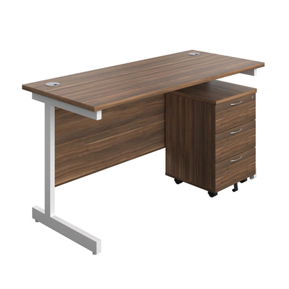 Single Upright Rectangular Desk + Mobile 3 Drawer Pedestal (FSC) | 1400 X 600 | Dark Walnut/White