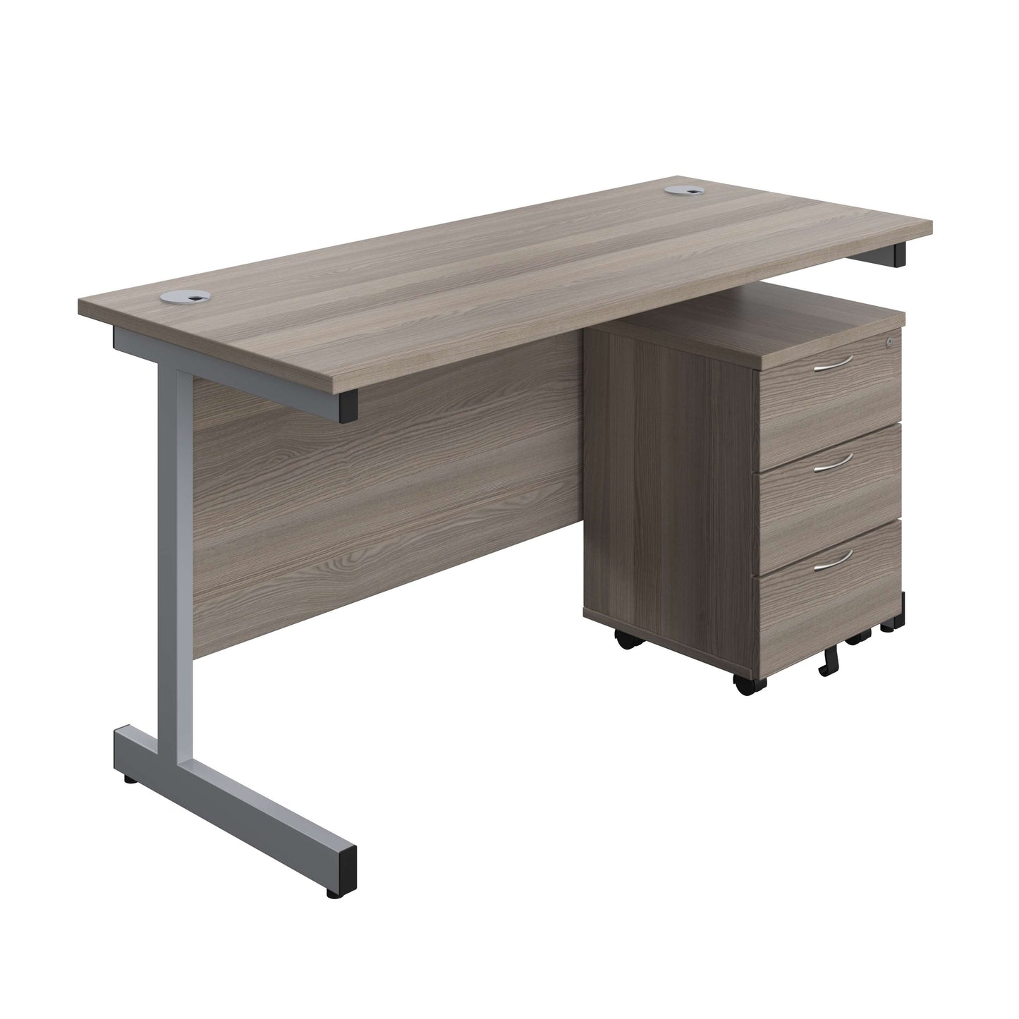 Single Upright Rectangular Desk + Mobile 3 Drawer Pedestal (FSC) | 1400 X 600 | Grey Oak/Silver