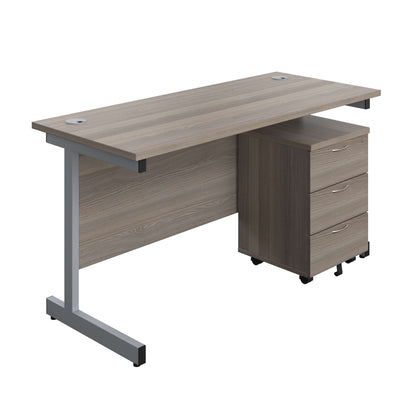 Single Upright Rectangular Desk + Mobile 3 Drawer Pedestal (FSC) | 1400 X 600 | Grey Oak/Silver