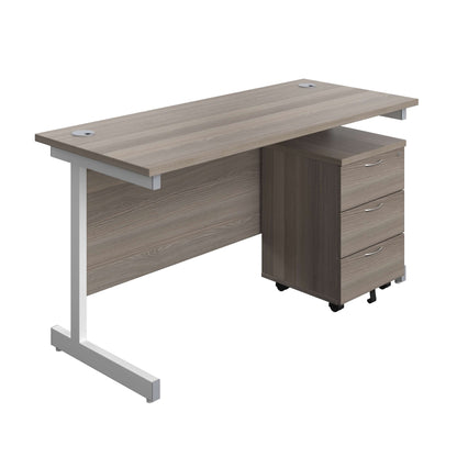 Single Upright Rectangular Desk + Mobile 3 Drawer Pedestal (FSC) | 1400 X 600 | Grey Oak/White