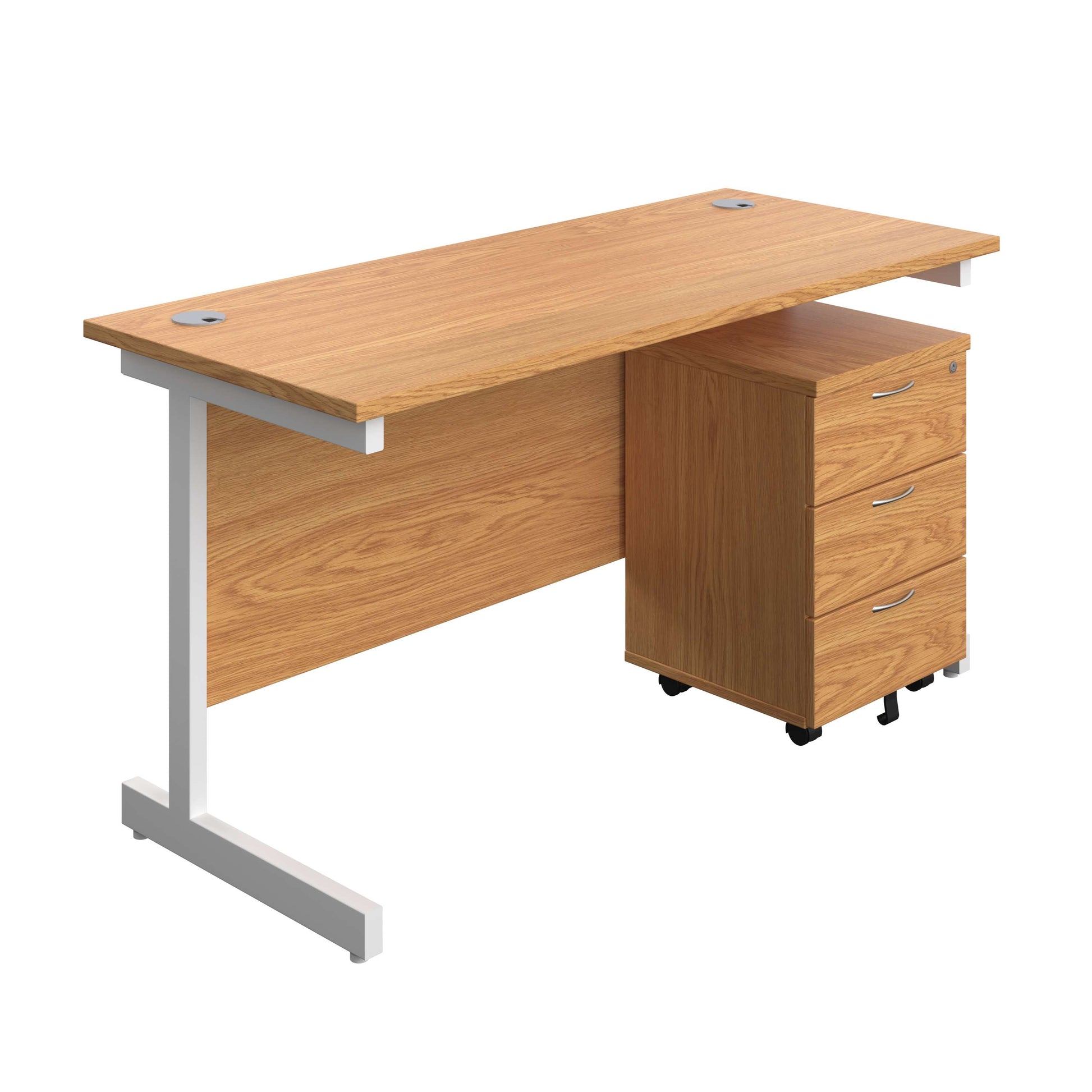 Single Upright Rectangular Desk + Mobile 3 Drawer Pedestal (FSC) | 1400 X 600 | Nova Oak/White