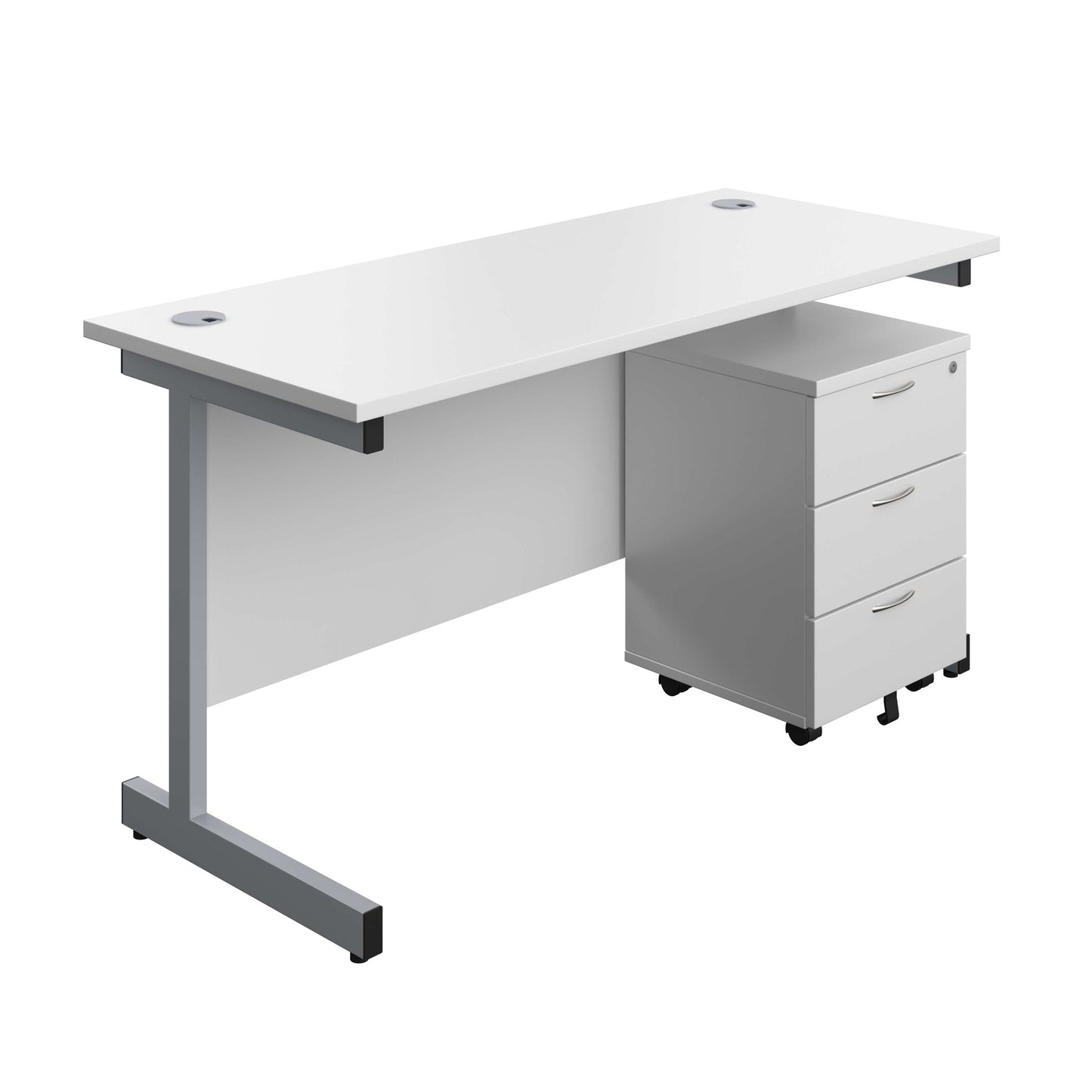 Single Upright Rectangular Desk + Mobile 3 Drawer Pedestal (FSC) | 1400 X 600 | White/Silver