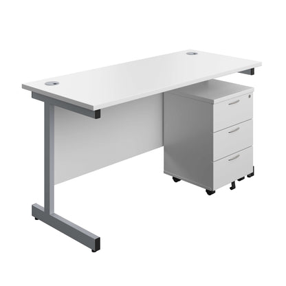 Single Upright Rectangular Desk + Mobile 3 Drawer Pedestal (FSC) | 1400 X 600 | White/Silver