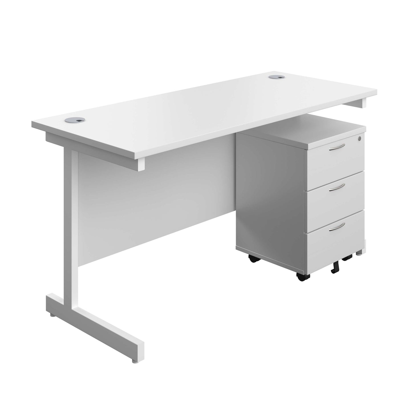 Single Upright Rectangular Desk + Mobile 3 Drawer Pedestal (FSC) | 1400 X 600 | White/White