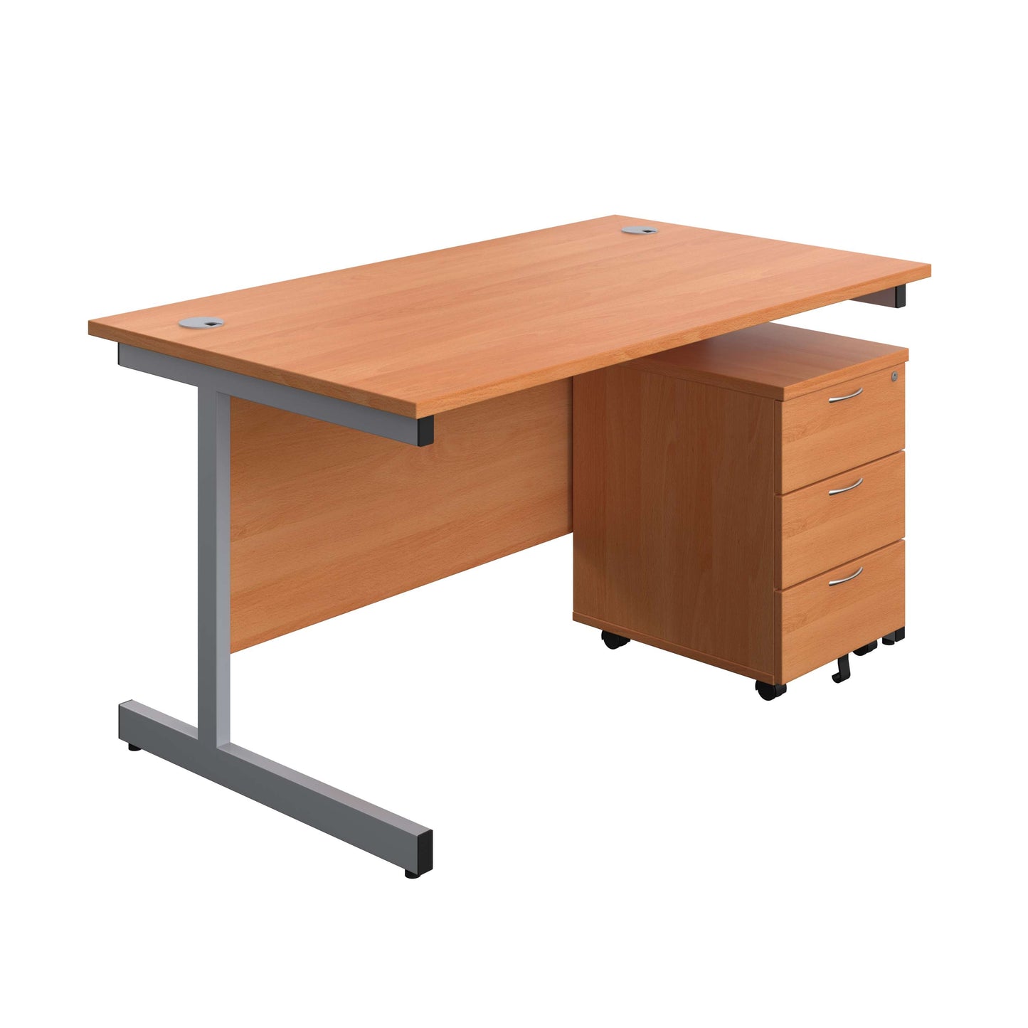 Single Upright Rectangular Desk + Mobile 3 Drawer Pedestal (FSC) | 1400 X 800 | Beech/Silver