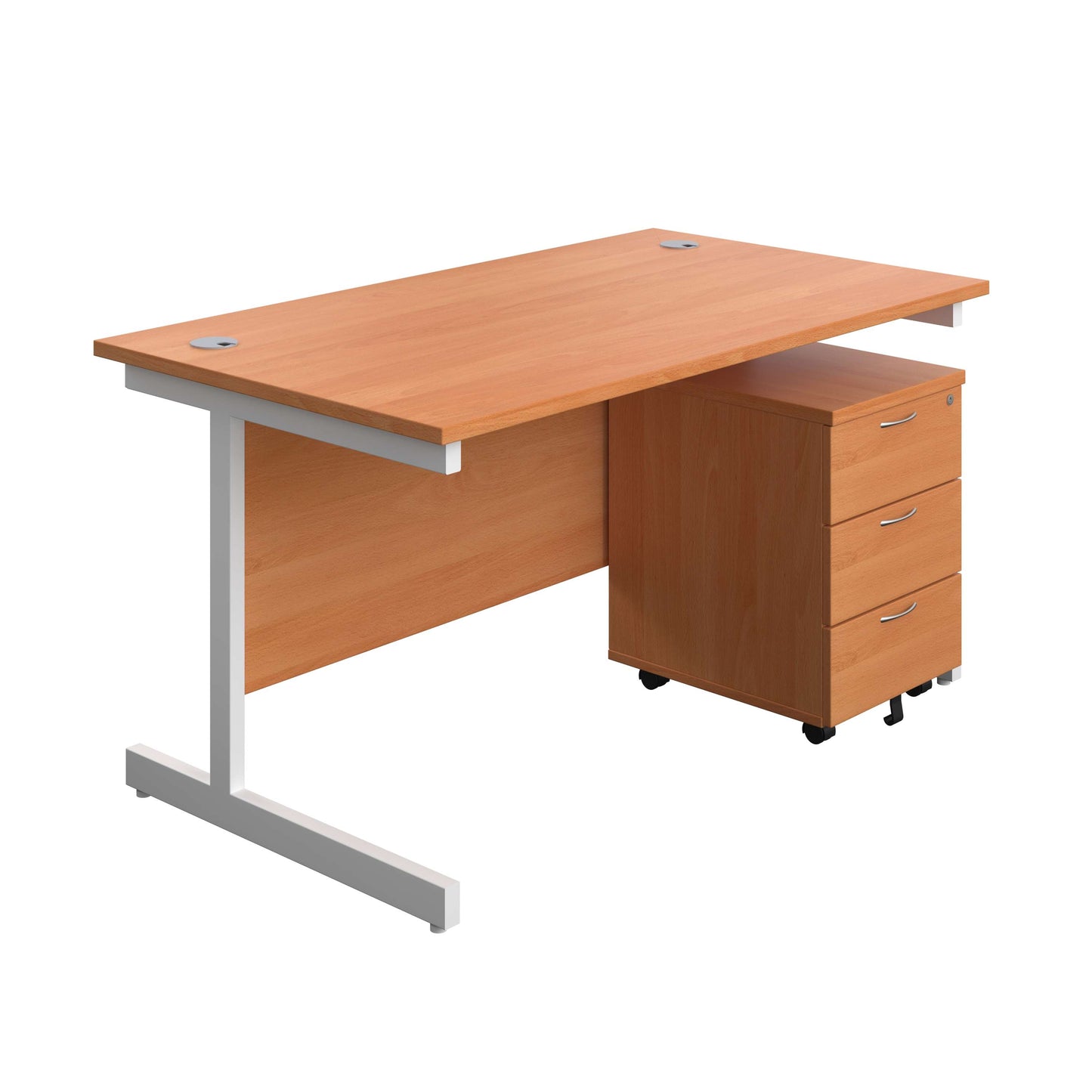 Single Upright Rectangular Desk + Mobile 3 Drawer Pedestal (FSC) | 1400 X 800 | Beech/White