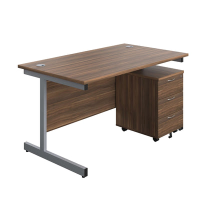 Single Upright Rectangular Desk + Mobile 3 Drawer Pedestal (FSC) | 1400 X 800 | Dark Walnut/Silver