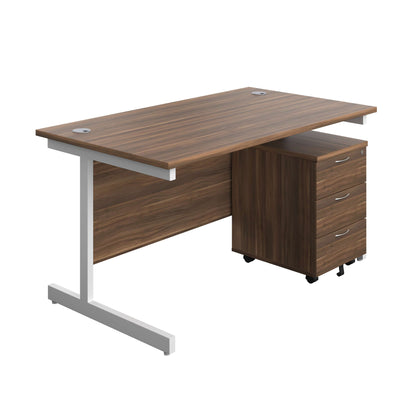 Single Upright Rectangular Desk + Mobile 3 Drawer Pedestal (FSC) | 1400 X 800 | Dark Walnut/White