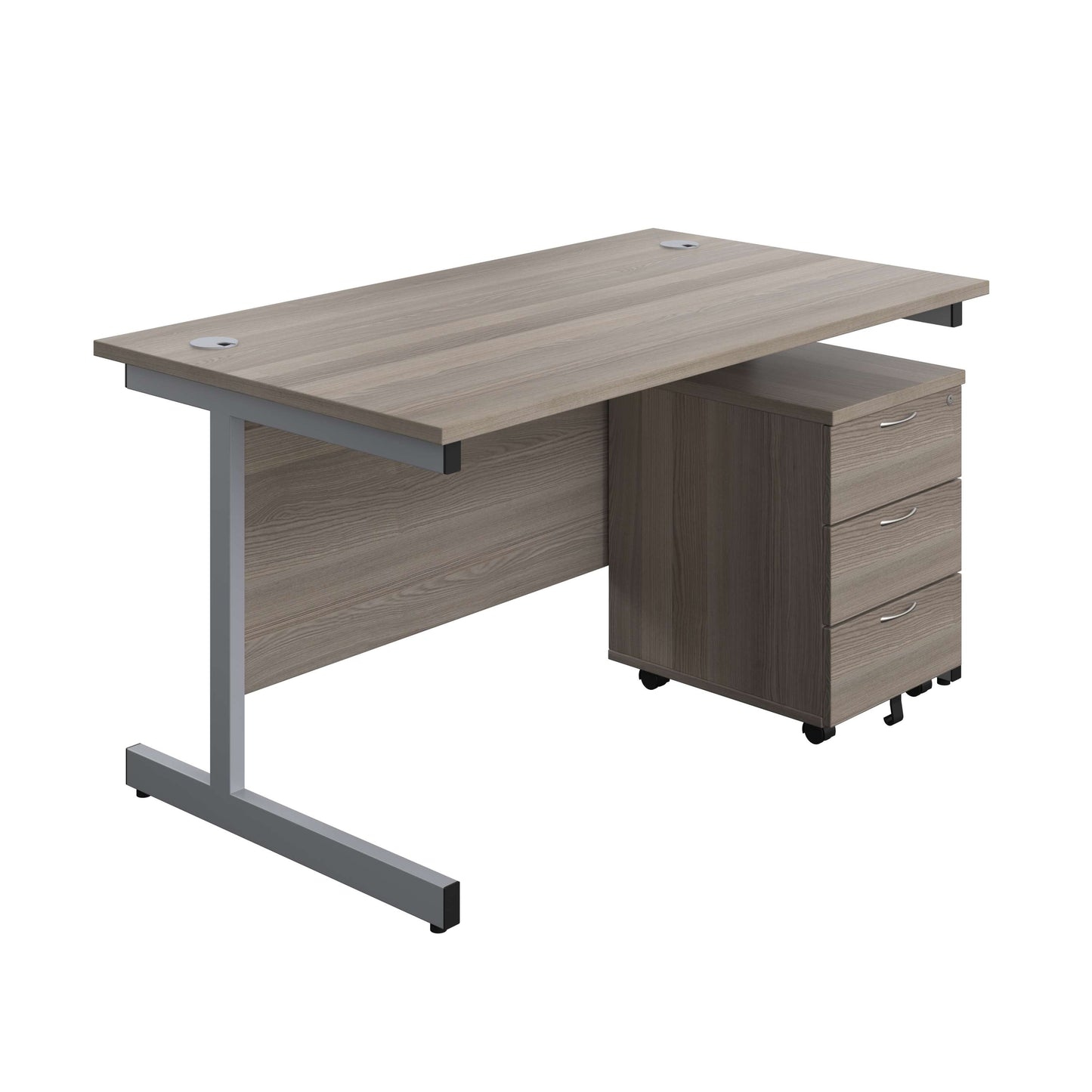 Single Upright Rectangular Desk + Mobile 3 Drawer Pedestal (FSC) | 1400 X 800 | Grey Oak/Silver