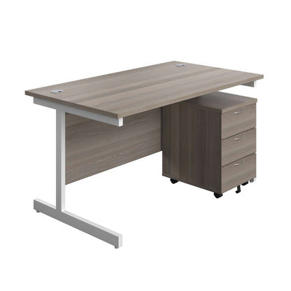 Single Upright Rectangular Desk + Mobile 3 Drawer Pedestal (FSC) | 1400 X 800 | Grey Oak/White