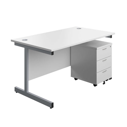 Single Upright Rectangular Desk + Mobile 3 Drawer Pedestal (FSC) | 1400 X 800 | White/Silver