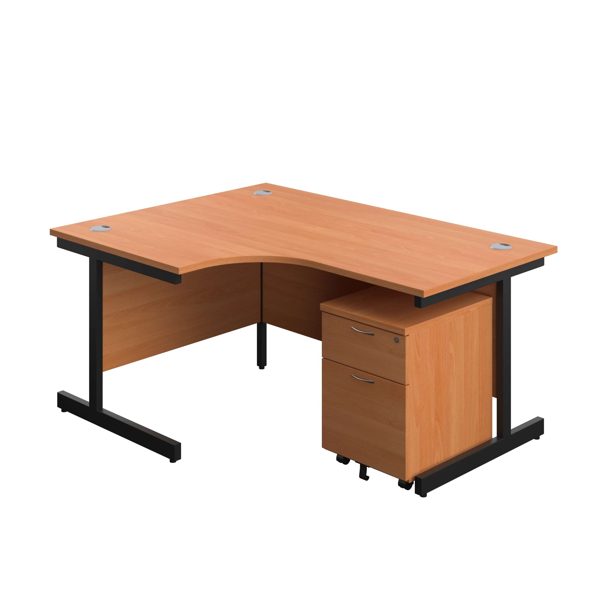 Single Upright Left Hand Radial Desk + Mobile 2 Drawer Pedestal (FSC) | 1600 X 1200 | Beech/Black