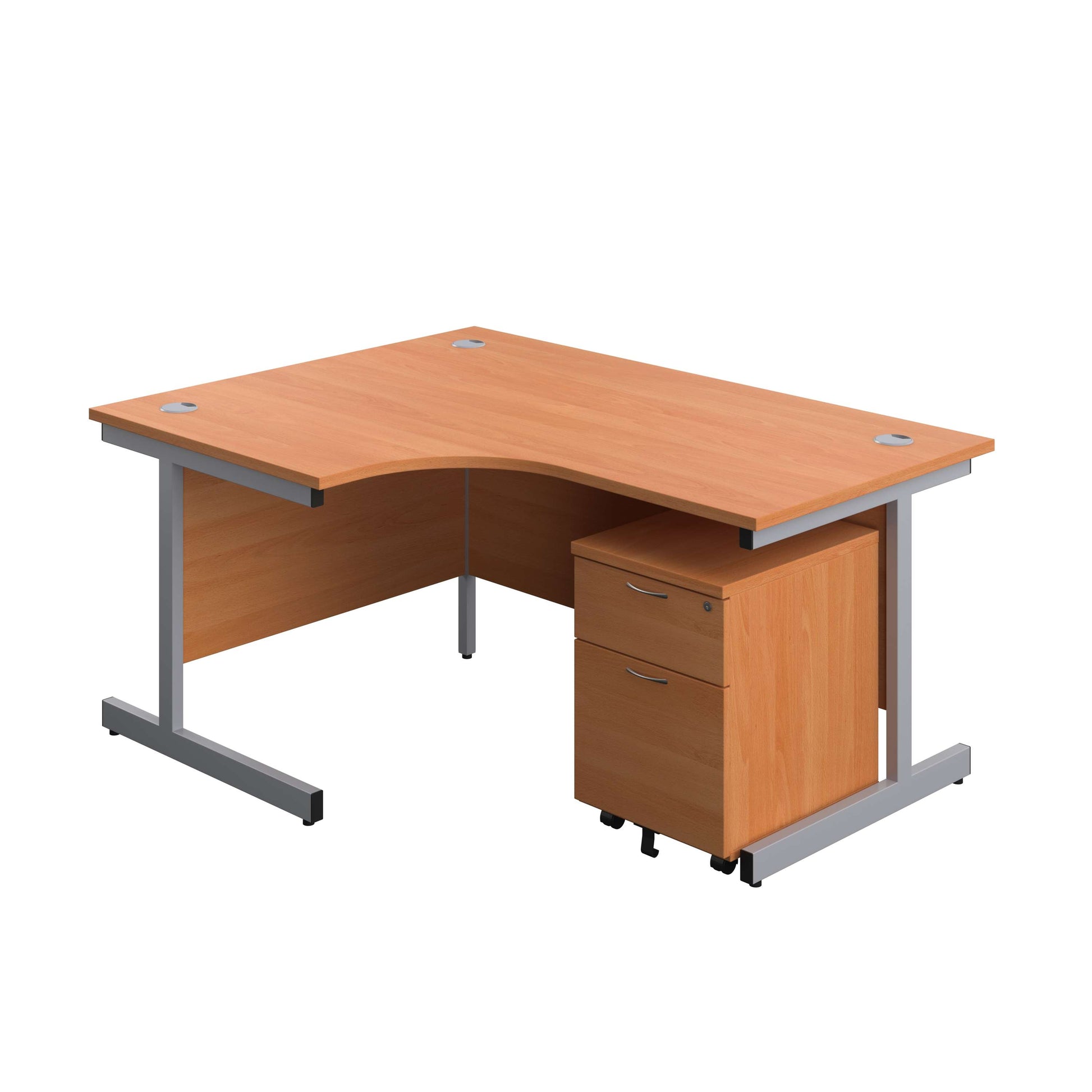 Single Upright Left Hand Radial Desk + Mobile 2 Drawer Pedestal (FSC) | 1600 X 1200 | Beech/Silver