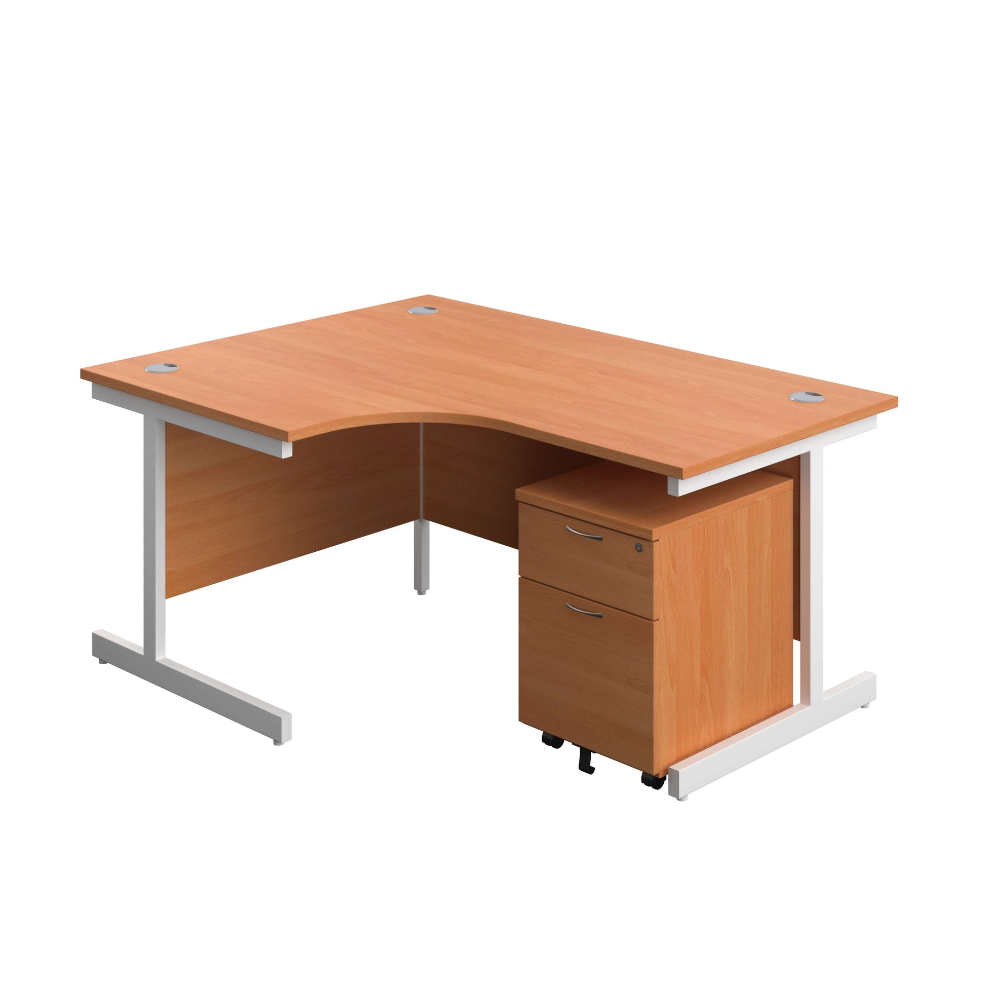 Single Upright Left Hand Radial Desk + Mobile 2 Drawer Pedestal (FSC) | 1600 X 1200 | Beech/White