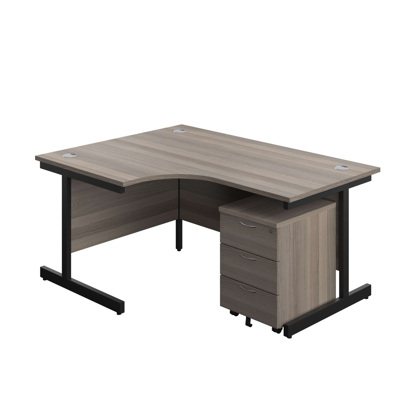 Single Upright Left Hand Radial Desk + Mobile 3 Drawer Pedestal (FSC) | 1600 X 1200 | Grey Oak/Black