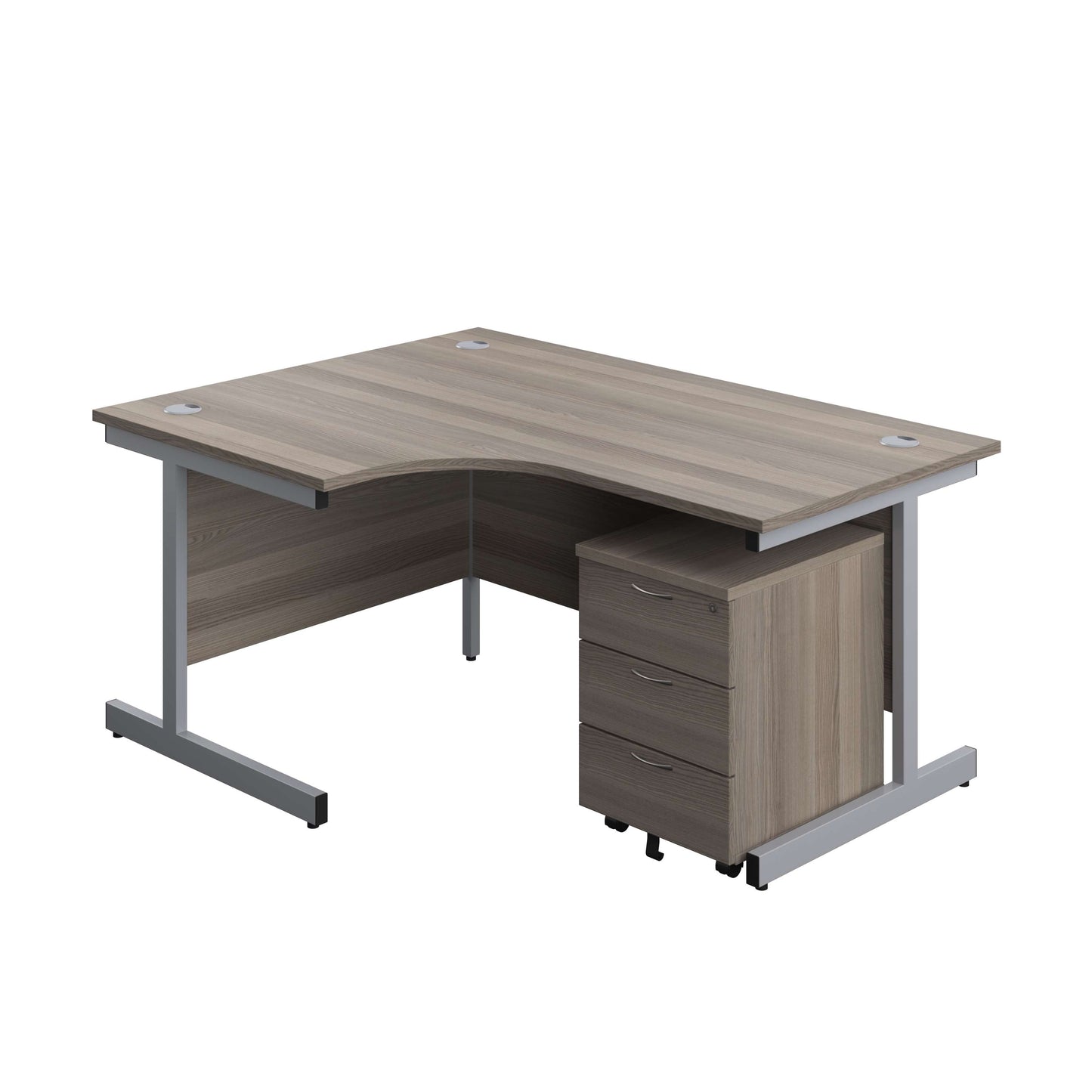 Single Upright Left Hand Radial Desk + Mobile 3 Drawer Pedestal (FSC) | 1600 X 1200 | Grey Oak/Silver