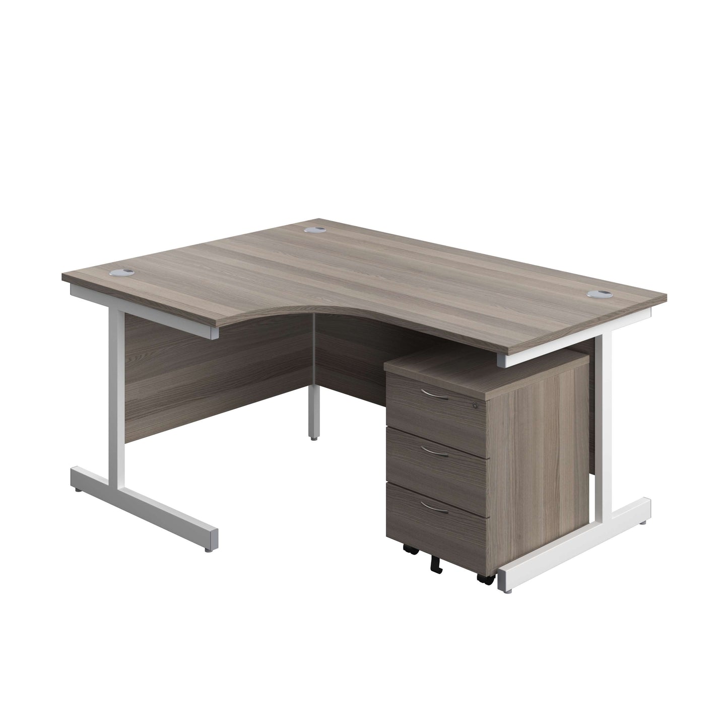 Single Upright Left Hand Radial Desk + Mobile 3 Drawer Pedestal (FSC) | 1600 X 1200 | Grey Oak/White