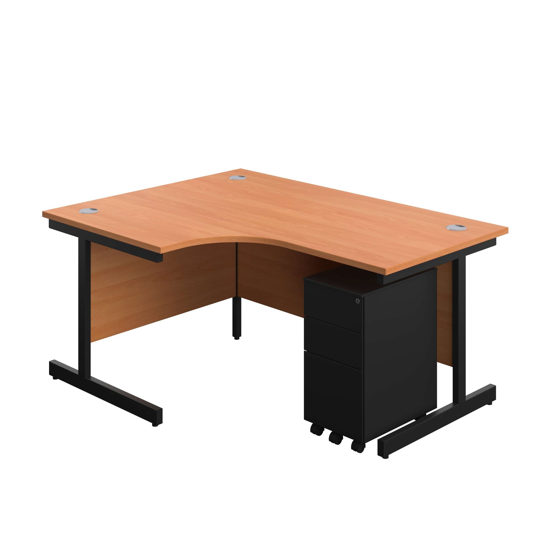 Single Upright Left Hand Radial Desk + Slimline Steel Pedestal 3 Drawers (FSC) | 1600 X 1200 | Beech/Black