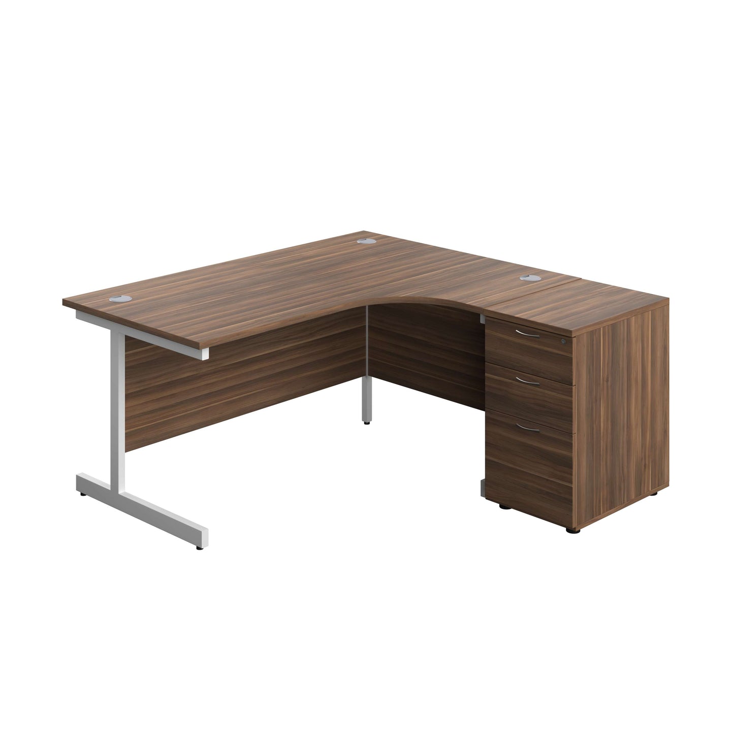 Single Upright Right Hand Radial Desk + Desk High 3 Drawer Pedestal (FSC) | 1600 X 1200 | 600mm Deep Pedestal | Dark Walnut/White