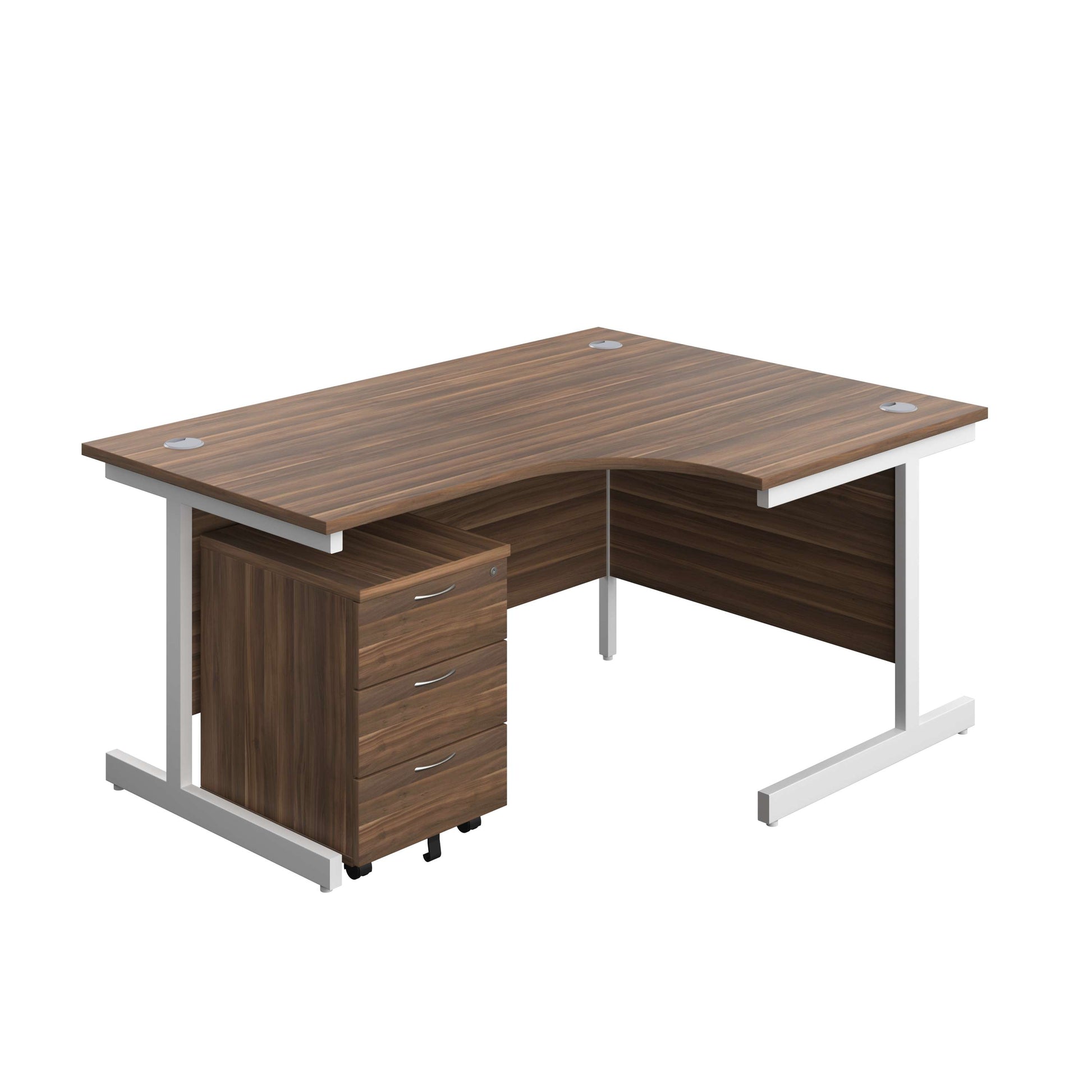 Single Upright Right Hand Radial Desk + Mobile 3 Drawer Pedestal (FSC) | 1600 X 1200 | Dark Walnut/White