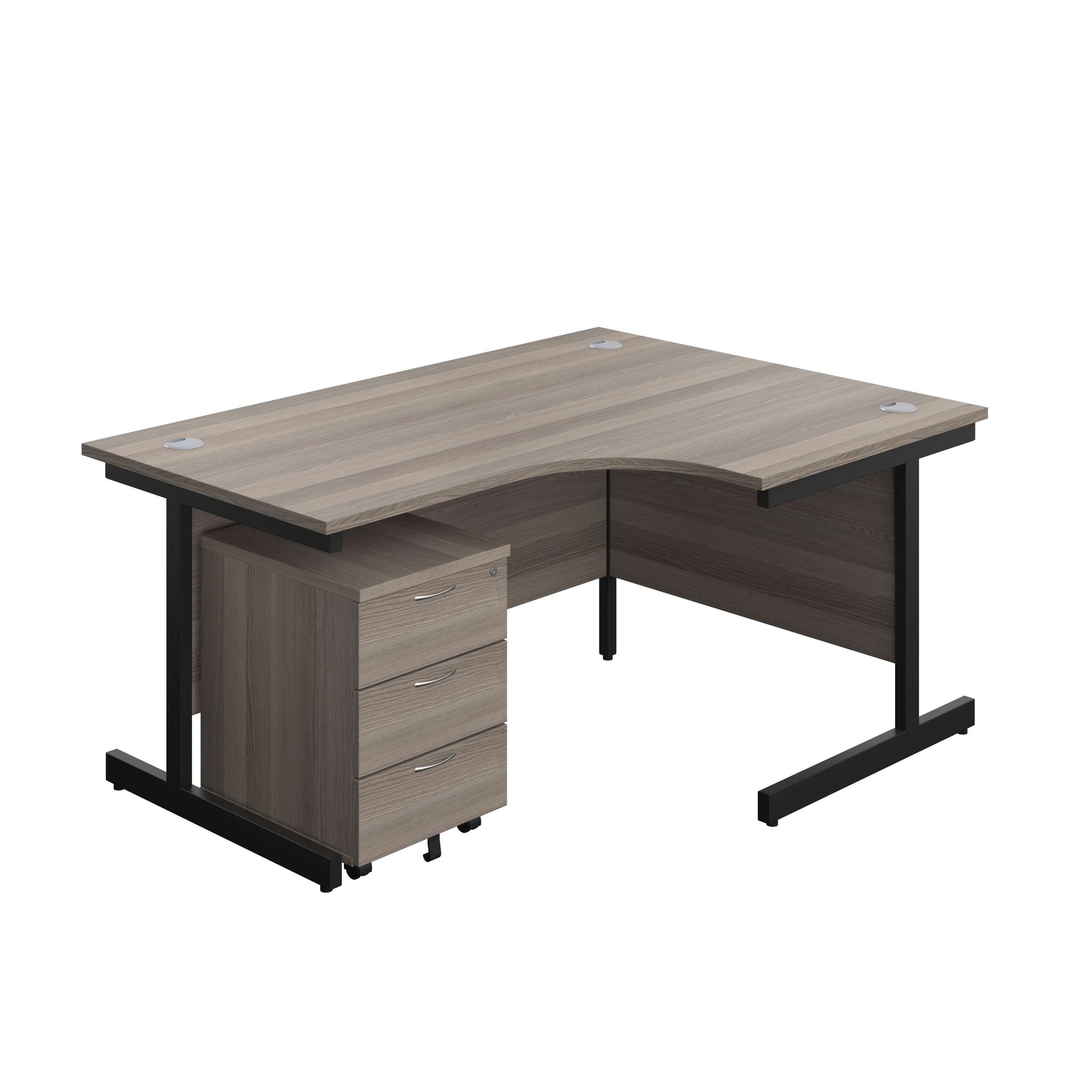 Single Upright Right Hand Radial Desk + Mobile 3 Drawer Pedestal (FSC) | 1600 X 1200 | Grey Oak/Black