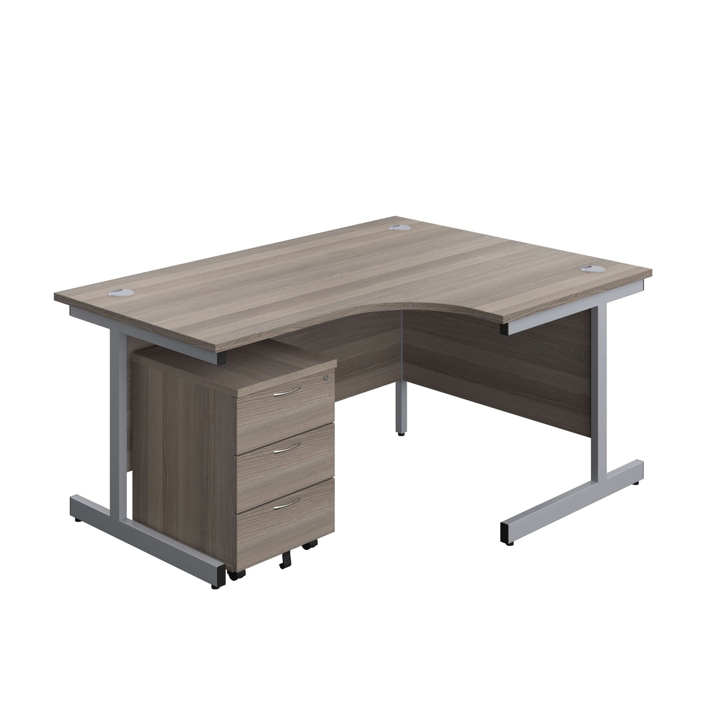 Single Upright Right Hand Radial Desk + Mobile 3 Drawer Pedestal (FSC) | 1600 X 1200 | Grey Oak/Silver