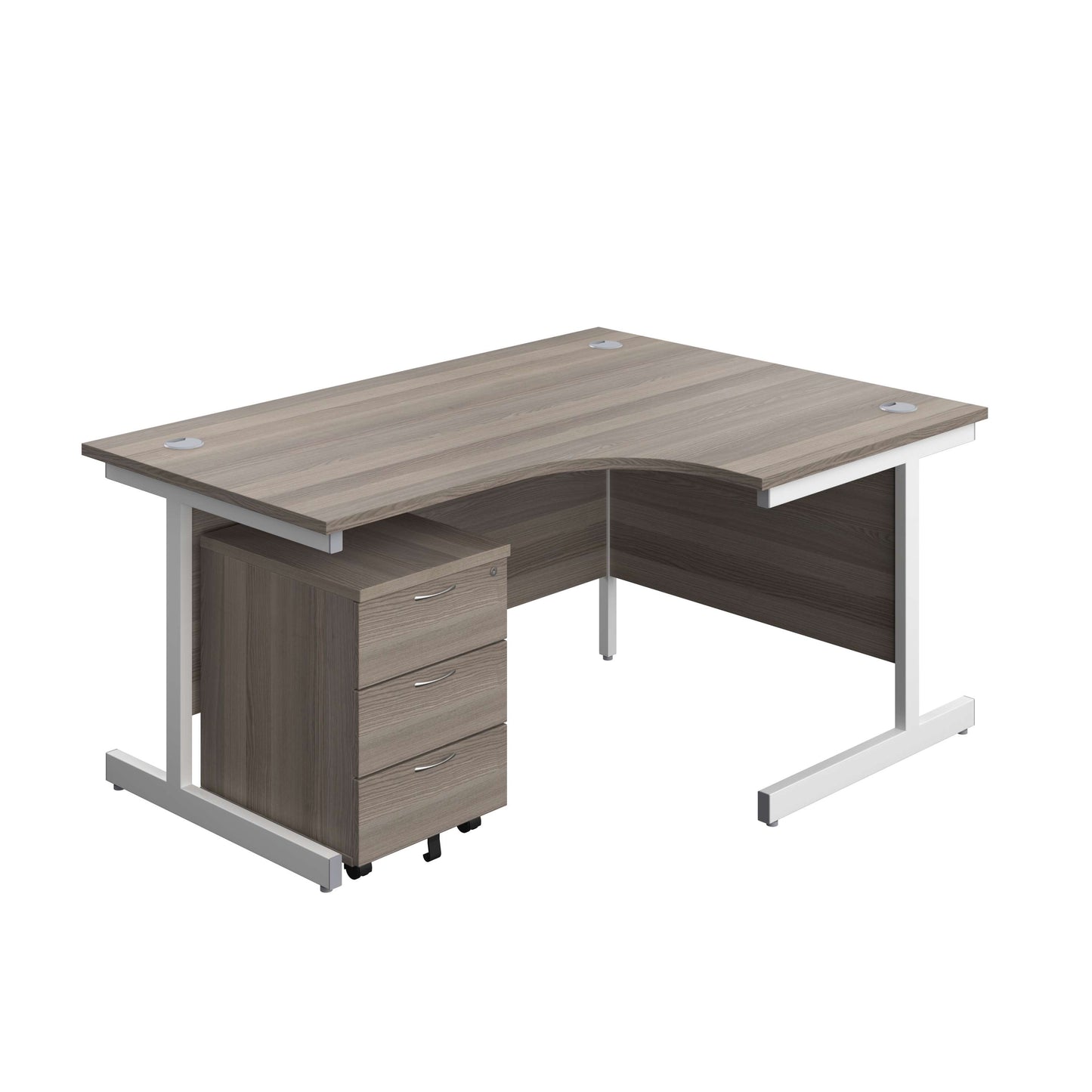 Single Upright Right Hand Radial Desk + Mobile 3 Drawer Pedestal (FSC) | 1600 X 1200 | Grey Oak/White