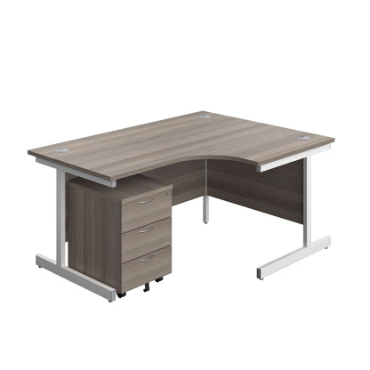 Single Upright Right Hand Radial Desk + Mobile 3 Drawer Pedestal (FSC) | 1600 X 1200 | Grey Oak/White