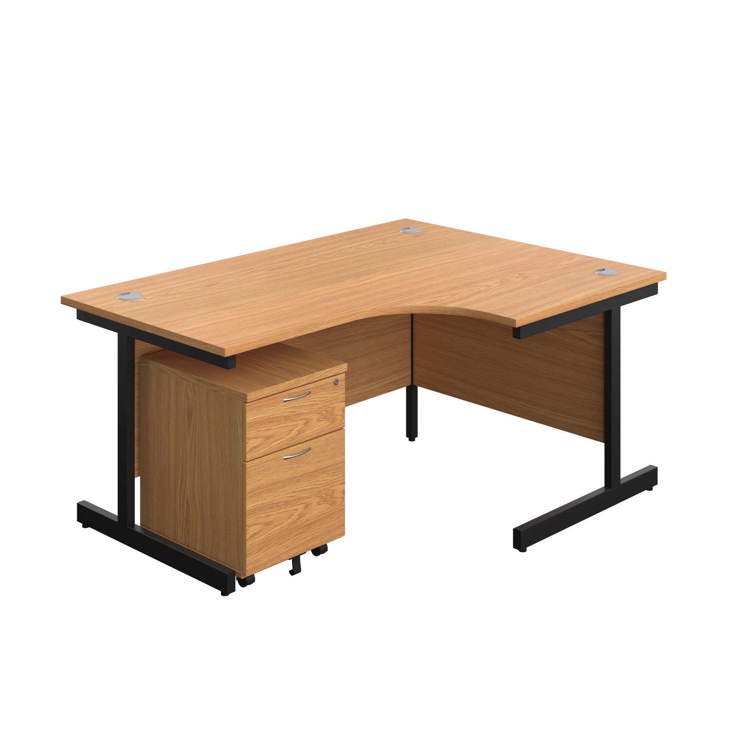 Single Upright Right Hand Radial Desk + Mobile 2 Drawer Pedestal (FSC) | 1600 X 1200 | Nova Oak/Black