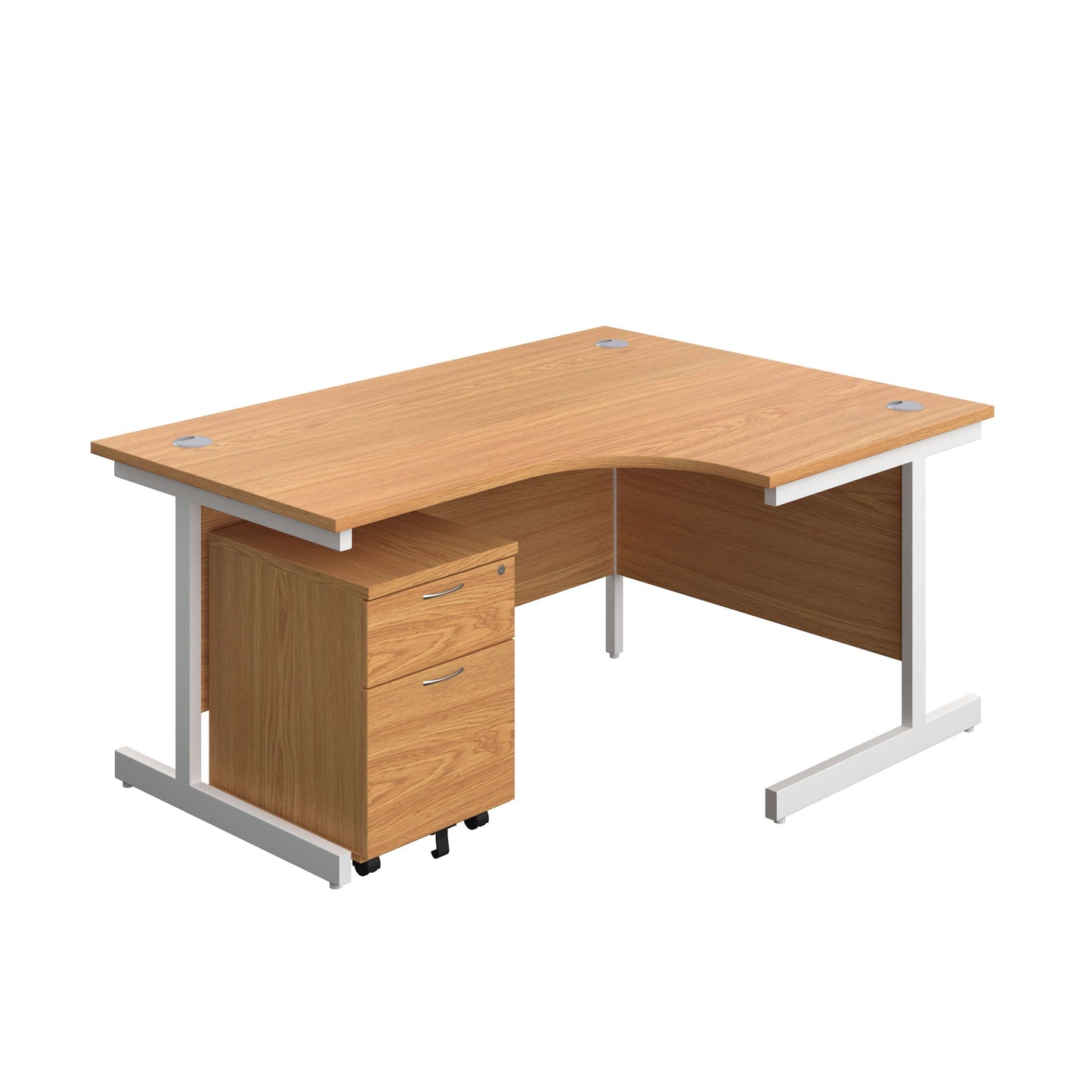 Single Upright Right Hand Radial Desk + Mobile 2 Drawer Pedestal (FSC) | 1600 X 1200 | Nova Oak/White