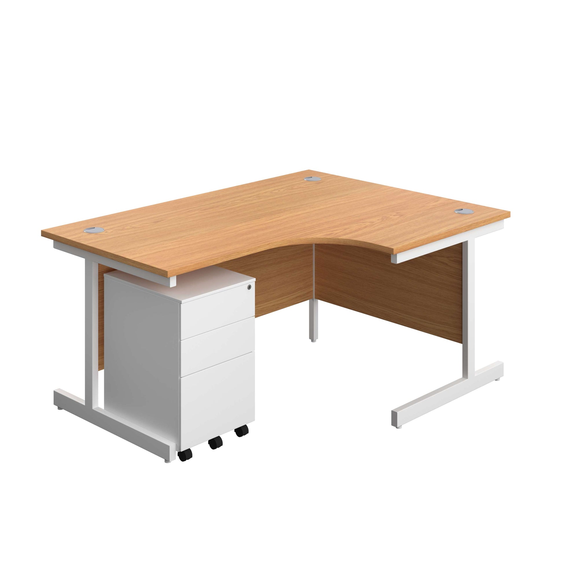 Single Upright Right Hand Radial Desk + Under Desk Steel Pedestal 3 Drawers (FSC) | 1600 X 1200 | Nova Oak/White