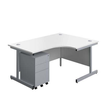 Single Upright Right Hand Radial Desk + Under Desk Steel Pedestal 3 Drawers (FSC) | 1600 X 1200 | White/Silver