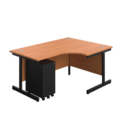 Single Upright Right Hand Radial Desk + Slimline Steel Pedestal 3 Drawers (FSC) | 1600 X 1200 | Beech/Black