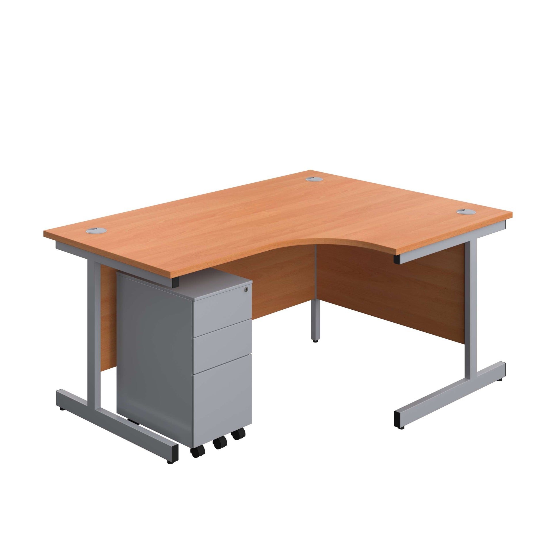 Single Upright Right Hand Radial Desk + Slimline Steel Pedestal 3 Drawers (FSC) | 1600 X 1200 | Beech/Silver