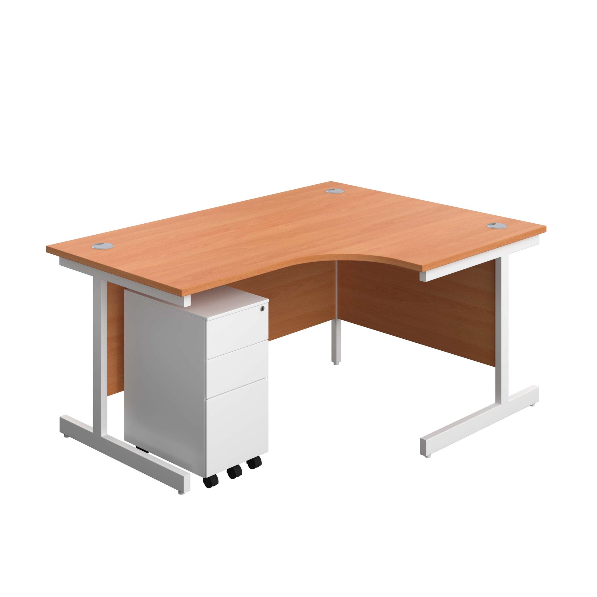 Single Upright Right Hand Radial Desk + Slimline Steel Pedestal 3 Drawers (FSC) | 1600 X 1200 | Beech/White