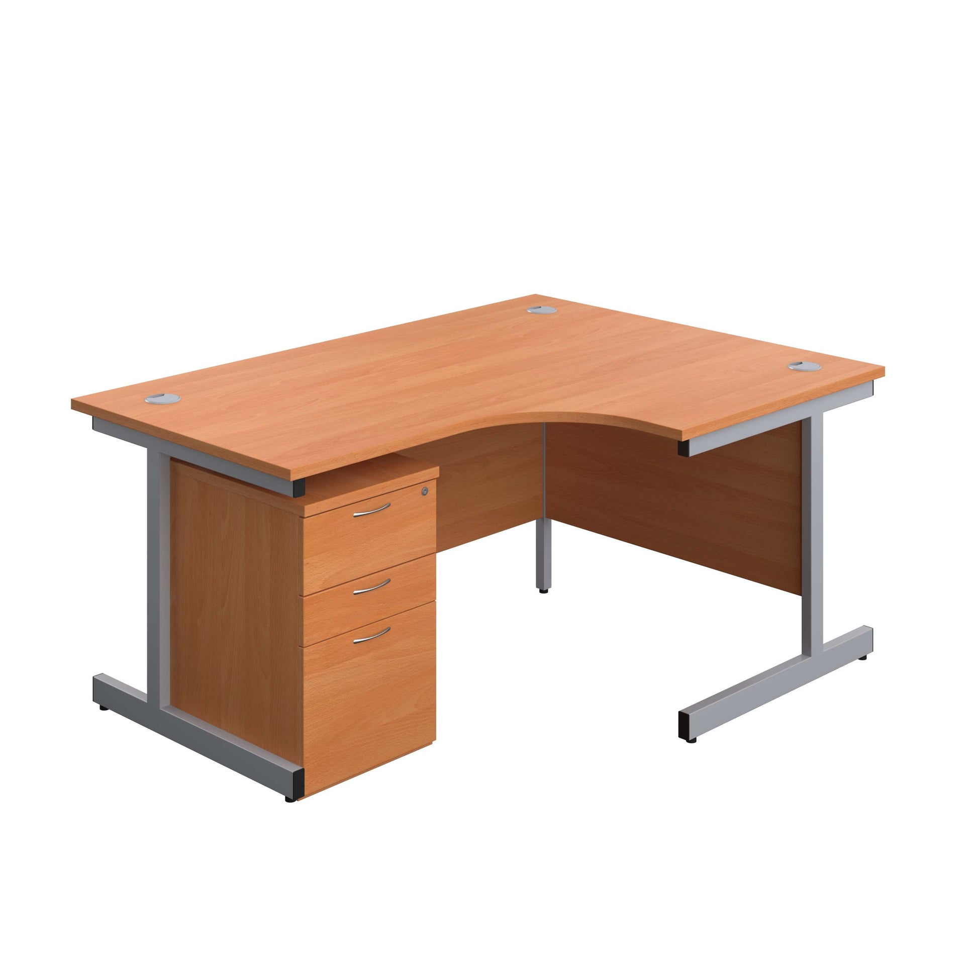 Single Upright Right Hand Radial Desk + High Mobile Pedestal 3 Drawer (FSC) | 1600 X 1200 | Beech/Silver