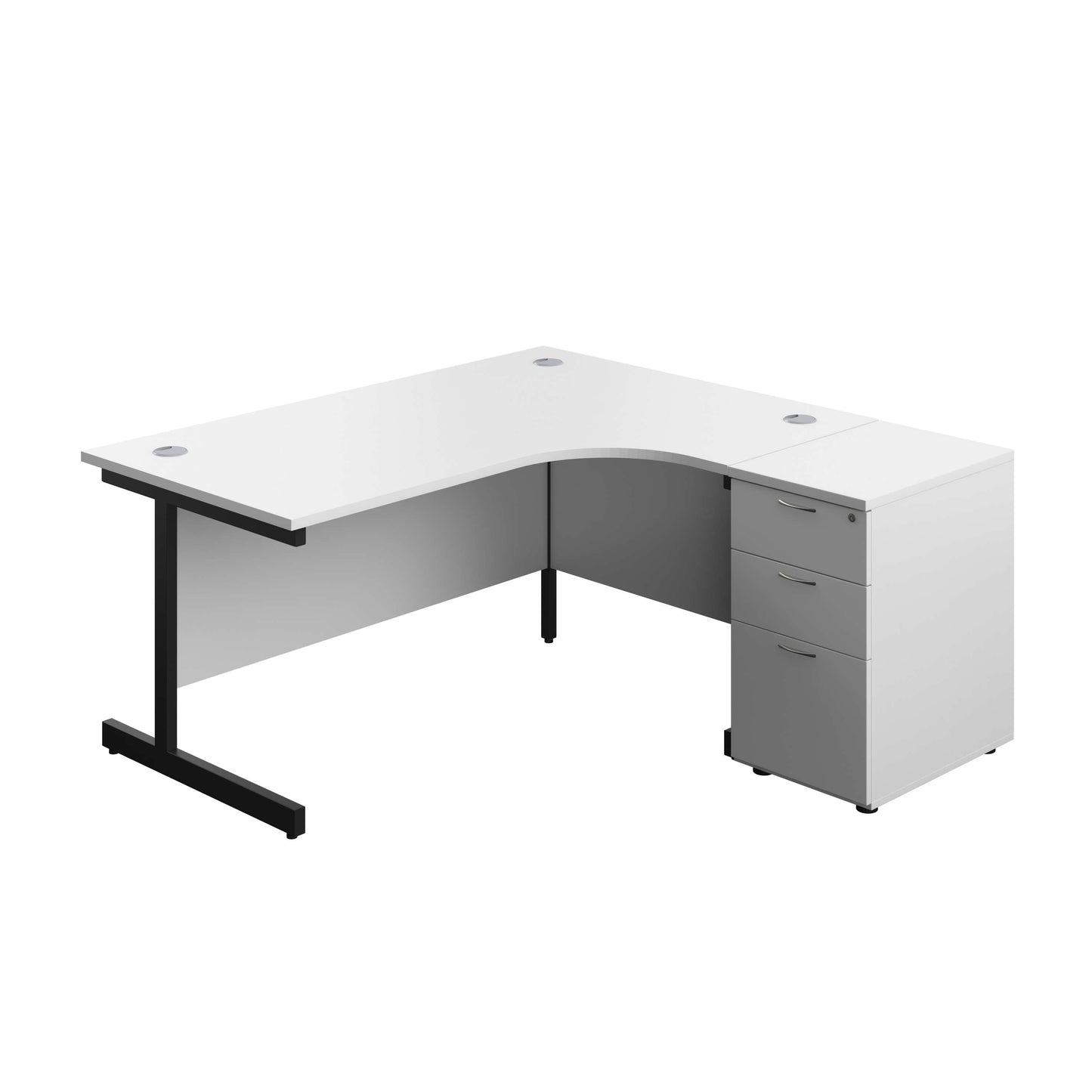 Single Upright Right Hand Radial Desk + Desk High 3 Drawer Pedestal (FSC) | 1600 X 1200 | 600mm Deep Pedestal | White/Black